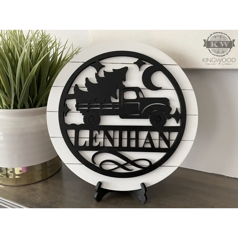 Truck - personalize round shiplap signs with stand gifts, 